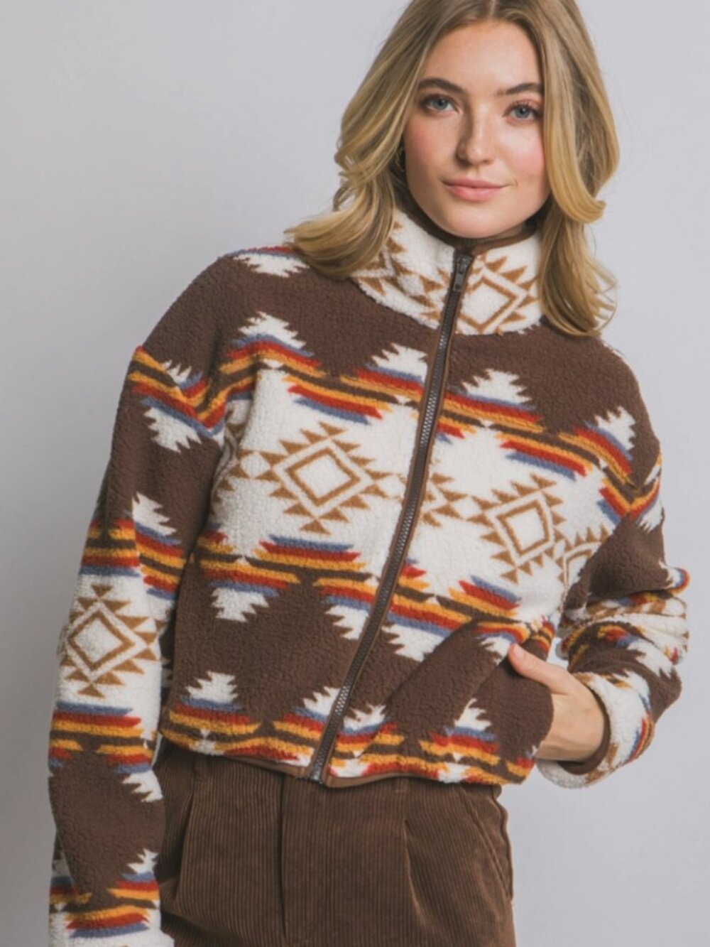 Love tree southwestern print crop zip fleece jacket